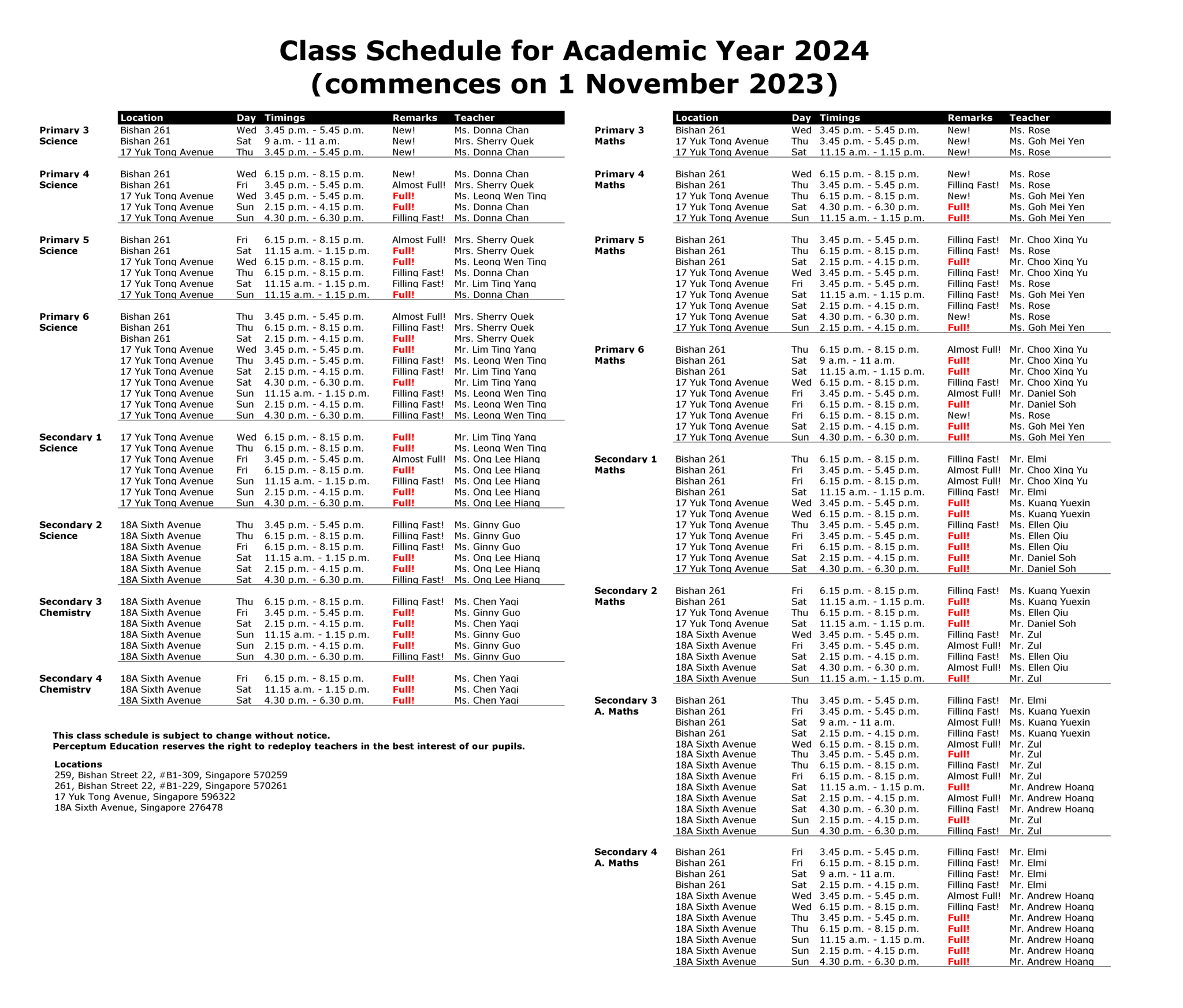 Class Schedule For Academic Year 2024 Perceptum Education